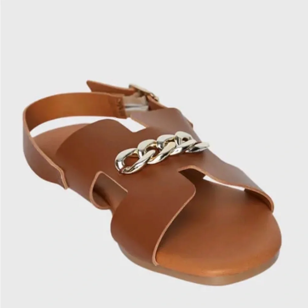 Sandales PIECES Gold and Brown Sandals With Chain Accent Size 37 - Picture 4 of 5